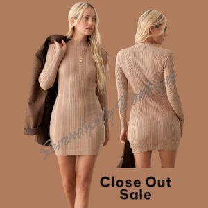 Uber Stretchy Office to Evening Ribbed Long Sleeve Neutral Tan Sexy Mini Dress